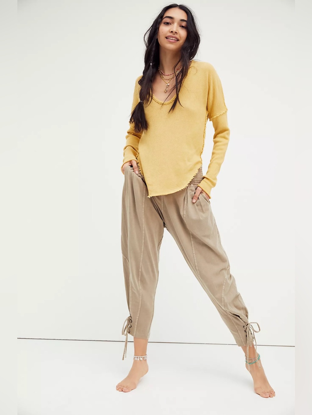 Free People FP One Billie Harem Jogger Pants Tan Camel Smocked Waist Size XS
